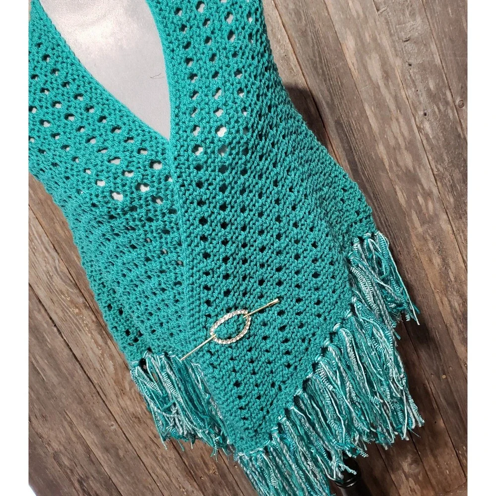 NEW Jade‎ Green Shawl Scarf Wrap Boho Eyelet Hand Knit Coastal Coquette Fairy